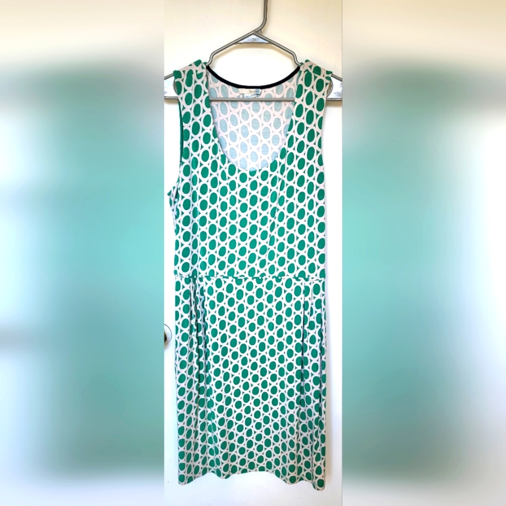 Boden Sleeveless Green Geometric Viscose Dress Size 16R Summer Office